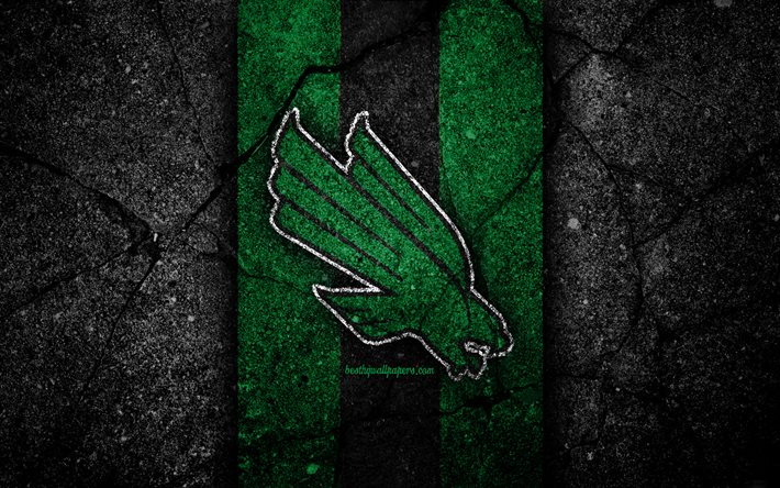 ノーステキサスミーングリーン, 4k, アメリカンフットボール, 全米大学体育協会, 緑の黒い石, 米国, アスファルトテクスチャ, ノーステキサスミーングリーンのロゴ