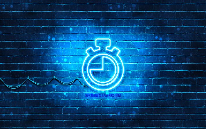 Icona al neon del timer, 4k, sfondo blu, simboli al neon, timer, icone al neon, segno del timer, segni del computer, icona del timer, icone del computer