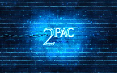 2pac mavi logo, 4k, s&#252;per yıldızlar, amerikan rap&#231;i, mavi brickwall, 2pac logosu, Tupac Amaru Shakur, 2pac, m&#252;zik yıldızları, 2pac neon logo