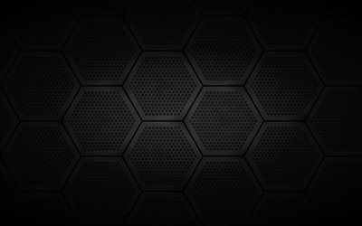 black hexagons background, creative, honeycomb, hexagons patterns, hexagons textures, black backgrounds