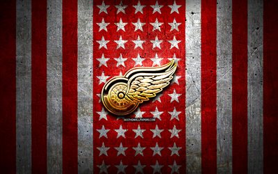 Detroit Red Wings flag, NHL, red white metal background, american hockey team, Detroit Red Wings logo, USA, hockey, golden logo, Detroit Red Wings