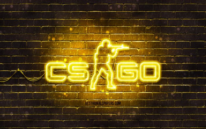 Logo CS Go jaune, 4k, brickwall jaune, Counter-Strike, logo CS Go, jeux 2020, logo n&#233;on CS Go, CS Go, Counter-Strike Global Offensive