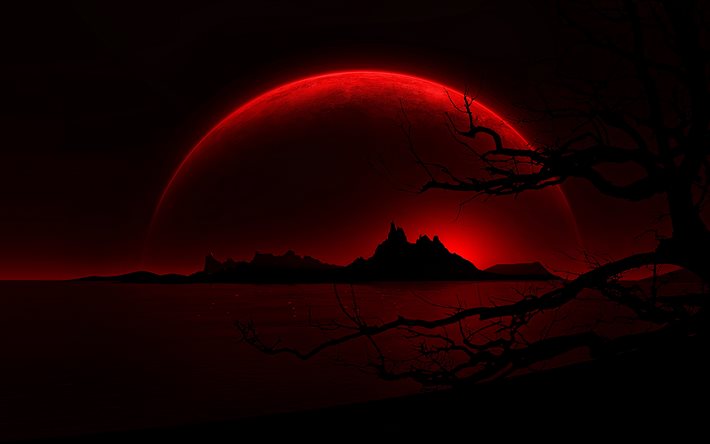 silhueta de montanhas, 4k, lua, paisagem vermelha, paisagens noturnas, planeta vermelho