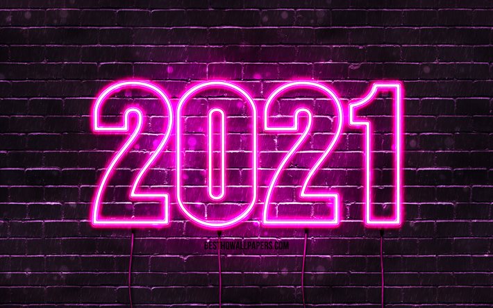 frohes neues jahr 2021, lila backsteinmauer, kreativ, 2021 lila neonziffern, 2021 konzepte, dr&#228;hte, 2021 neues jahr, 4k, 2021 auf lila hintergrund, 2021 jahresziffern
