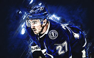 Ryan McDonagh, Tampa Bay Lightning, NHL, blue stone background, hockey, National Hockey League