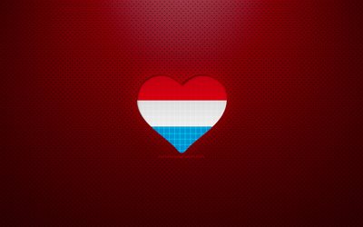 I Love Luxembourg, 4k, Europe, fond pointill&#233; rouge, coeur de drapeau luxembourgeois, Luxembourg, pays pr&#233;f&#233;r&#233;s, Love Luxembourg, drapeau luxembourgeois