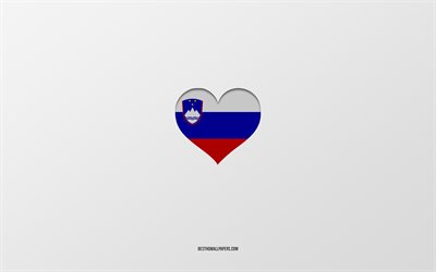 J’aime la Slov&#233;nie, les pays europ&#233;ens, la Slov&#233;nie, fond gris, coeur de drapeau de slov&#233;nie, pays pr&#233;f&#233;r&#233;, Slov&#233;nie d’amour