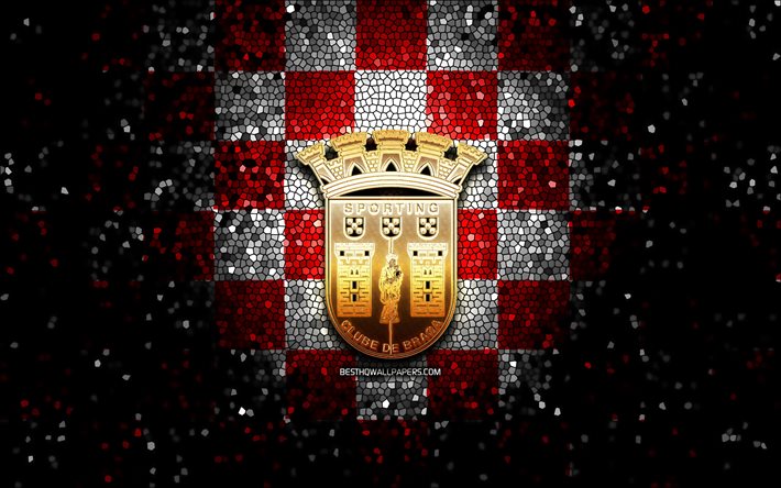 Braga FC, logotipo de glitter, Primeira Liga, fundo vermelho branco quadrinado, futebol, clube de futebol portugu&#234;s, logotipo braga, arte de mosaico, SC Braga