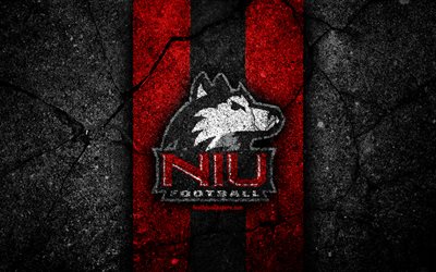 Northern Illinois Huskies, 4k, squadra di football americano, NCAA, pietra nera rossa, USA, trama asfalto, football americano, logo Degli Huskies dell&#39;Illinois settentrionale