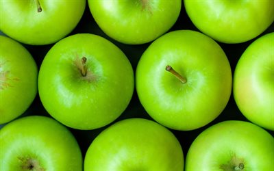 green apples, 4k, vitamins, vegan food, fresh fruits, apples, fruits