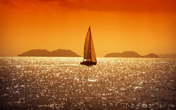 veleiro, noite, p&#244;r do sol, iate no mar, Mar Adri&#225;tico, Cro&#225;cia