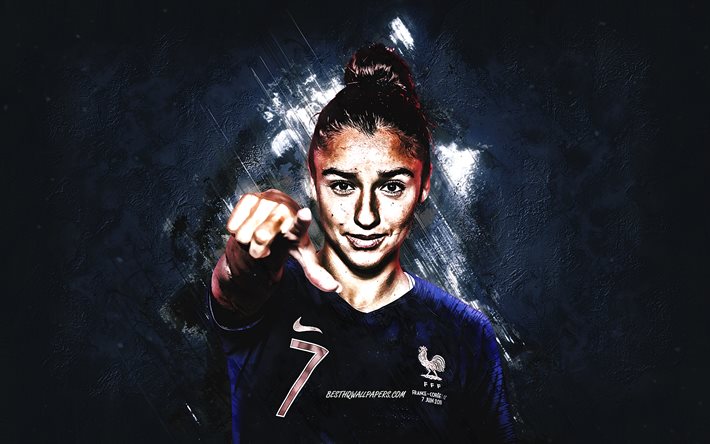 Sakina Karchaoui, Frankrikes herrlandslag i fotboll, portr&#228;tt, bl&#229; sten bakgrund, Frankrike, fotboll