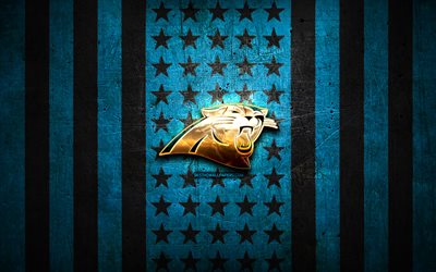 Carolina Panthers flag, NFL, blue black metal background, american football team, Carolina Panthers logo, USA, american football, golden logo, Carolina Panthers
