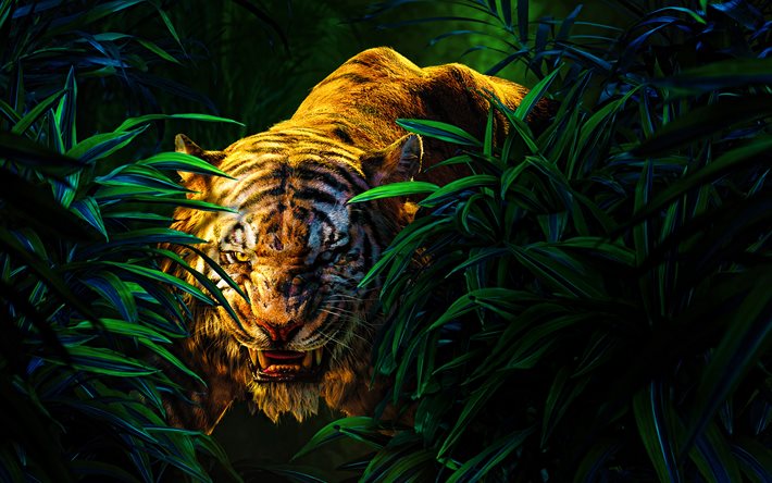 tigre raivoso, 4k, selva, arte 3D, predadores, tigre de desenho animado, vida selvagem, tigres
