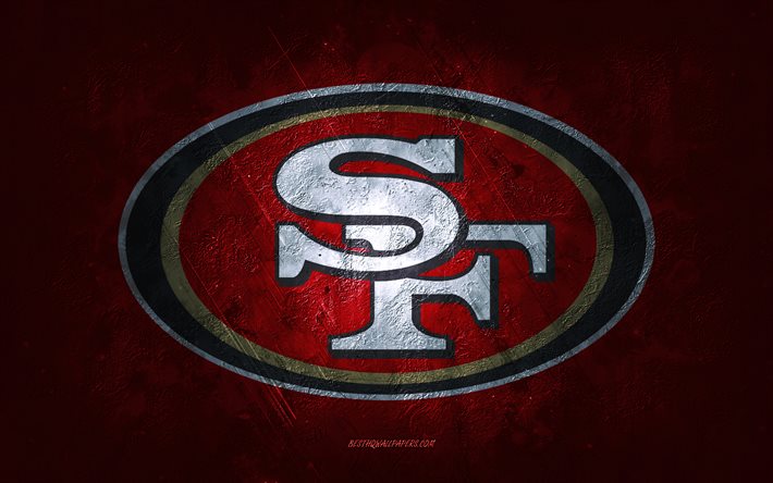 San Francisco 49ers, squadra di football americano, sfondo in pietra rossa, logo San Francisco 49ers, arte grunge, NFL, football americano, STATI UNITI, emblema san Francisco 49ers