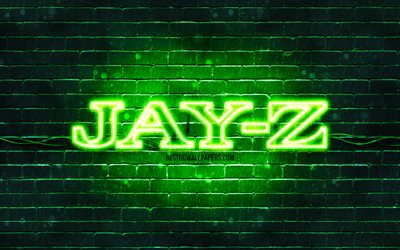 Jay-Z gr&#246;n logotyp, 4k, superstj&#228;rnor, amerikansk rappare, gr&#246;n brickwall, Jay-Z logotyp, Shawn Corey Carter, Jay-Z, musik stj&#228;rnor, Jay-Z neon logotyp