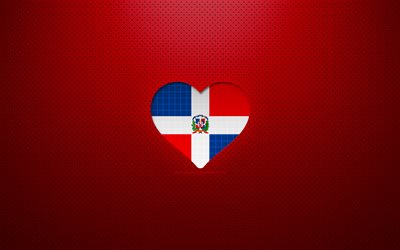 I Love Dominican Republic, 4k, Pays d’Am&#233;rique du Nord, fond pointill&#233; rouge, coeur de drapeau dominicain, R&#233;publique dominicaine, pays pr&#233;f&#233;r&#233;s, R&#233;publique dominicaine d’amour, drapeau dominicain