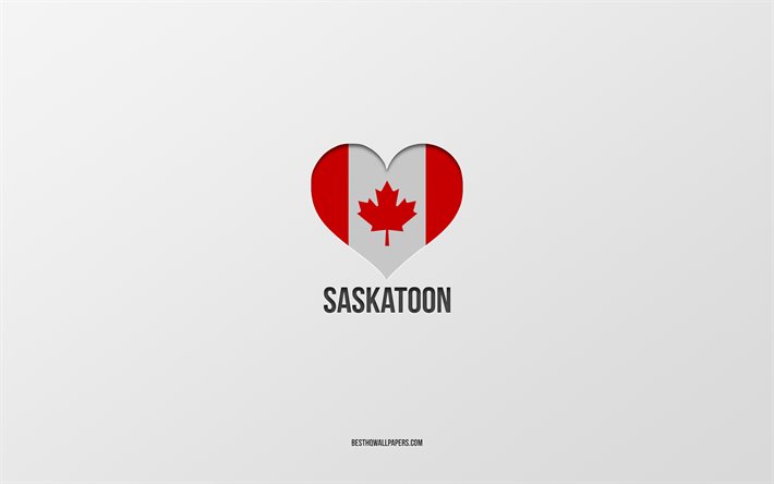 Eu amo Saskatoon, cidades canadenses, fundo cinza, Saskatoon, Canad&#225;, cora&#231;&#227;o da bandeira canadense, cidades favoritas, Love Saskatoon