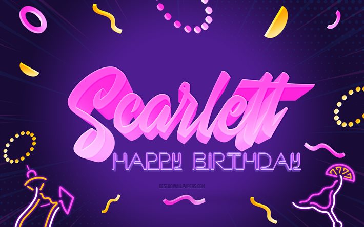 Mutlu Yıllar Scarlett, 4k, Mor Parti Arka Plan, Scarlett, yaratıcı sanat, Happy Scarlett doğum g&#252;n&#252;, Scarlett adı, Scarlett Doğum G&#252;n&#252;, Doğum G&#252;n&#252; Partisi Arka Plan