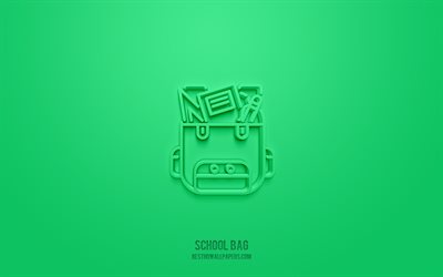 Icona 3d della borsa della scuola, sfondo verde, simboli 3d, borsa scolastica, icone dell&#39;istruzione, icone 3d, cartello della borsa della scuola, icone 3d della scuola