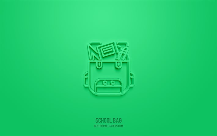 رمز حقيبة 3d مدرسية, خلفية خضراء, رموز ثلاثية الأبعاد, الحقيبة الدراسية, أيقونات التعليم, أيقونات ثلاثية الأبعاد, حقيبة مدرسية, 3D أيقونات المدرسة