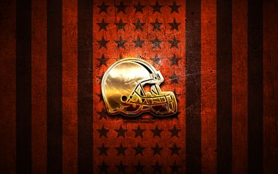 Cleveland Browns flag, NFL, orange brown metal background, american football team, Cleveland Browns logo, USA, american football, golden logo, Cleveland Browns
