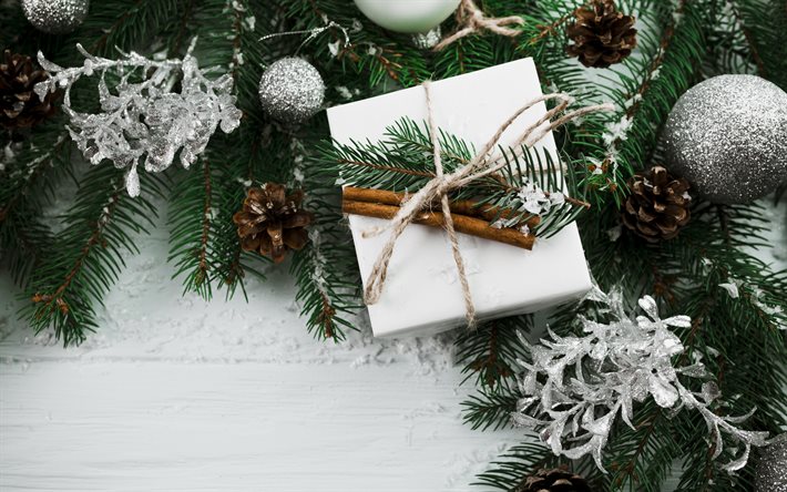 Marco de Navidad, caja de regalo de Navidad blanca, bolas de Navidad de plata, Feliz A&#241;o Nuevo, conos de pino, &#225;rbol de Navidad