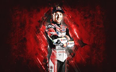 Takaaki Nakagami, LCR Honda Idemitsu, Japansk motorcykel racer, MotoGP, r&#246;d sten bakgrund, portr&#228;tt, MotoGP World Championship