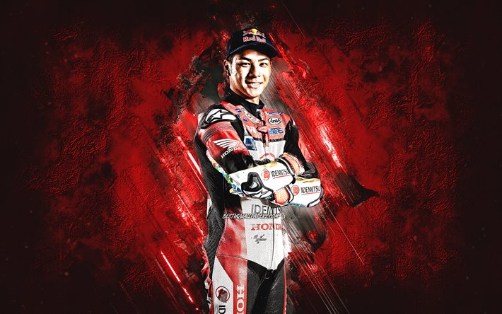 Takaaki Nakagami, LCR Honda Idemitsu, japanilainen moottoripy&#246;r&#228;ilij&#228;, MotoGP, punainen kivitausta, muotokuva, MotoGP MM-kisat