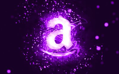 Amazon violet logo, 4k, violet neon lights, creative, violet abstract background, Amazon logo, brands, Amazon
