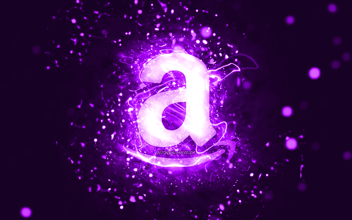 Amazon violett logotyp, 4k, violett neonljus, kreativ, violett abstrakt bakgrund, Amazon logotyp, varum&#228;rken, Amazon