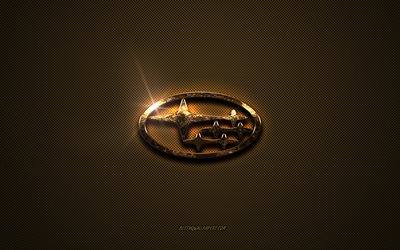 Logo doré Subaru, oeuvre d'art, fond en métal marron, emblème Subaru, logo Subaru, marques, Subaru