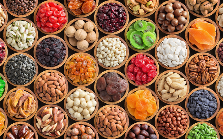 different nuts, seeds, plates with different nuts, variety of nuts, hazelnuts, walnuts, nuts concepts