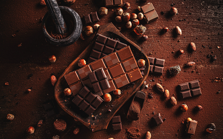 cioccolato, nocciole, caramelle, cioccolato con noci, concetti di cioccolato, cioccolato al latte, cioccolato fondente