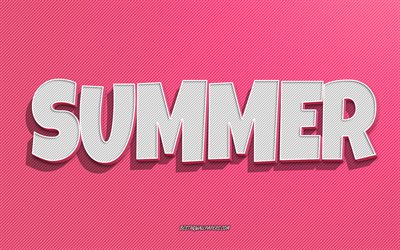 Sommar, rosa linjer bakgrund, tapeter med namn, sommarnamn, kvinnliga namn, sommarhälsningskort, streckteckning, bild med sommarnamn