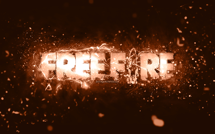 Garena Free Fire brown logo, 4k, brown neon lights, creative, brown abstract background, Garena Free Fire logo, online games, Free Fire logo, Garena Free Fire