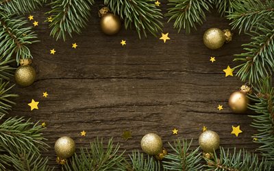 Cadre de Noël, 4k, fond en bois marron, fond de Noël, cadre de Noël avec des boules d'or, bonne année