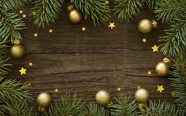 Joulukehys, 4k, ruskea puinen tausta, joulutausta, joulukehys kultaisilla palloilla, hyv&#228;&#228; uutta vuotta