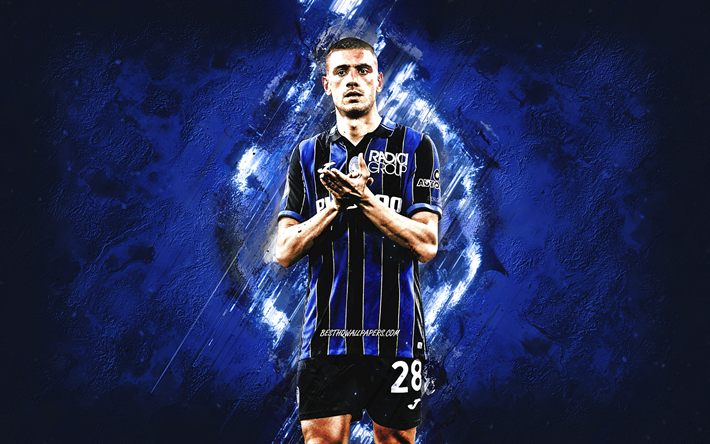 Merih Demiral, Atalanta, Turkish football player, portrait, blue stone background, Serie A, Italy, football