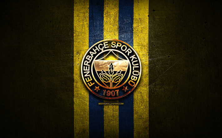 フェネルバフチェバスケットボール, 金色のロゴ, バスケットボールスーパーリギ, 黄色の金属の背景, トルコのバスケットボールチーム, フェネルバフチェバスケットボールのロゴ, バスケットボール, フェネルバフチェSK