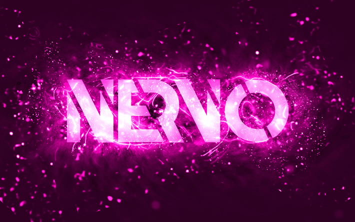 Nervo logo viola, 4k, DJ australiani, luci al neon viola, Olivia Nervo, Miriam Nervo, sfondo astratto viola, Nick van de Wall, logo Nervo, stelle della musica, Nervo