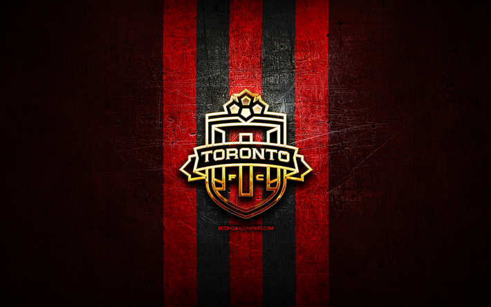 トロントFCII, 金色のロゴ, USLリーグ1, 赤い金属の背景, アメリカのサッカークラブ, トロントFCIIのロゴ, サッカー, トロントII