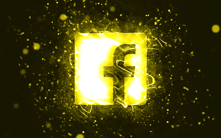 Facebookの黄色のロゴ, 4k, 黄色のネオンライト, creative クリエイティブ, 黄色の抽象的な背景, Facebookのロゴ, ソーシャルネットワーク, Facebook