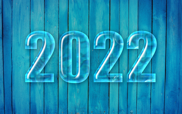 4k, 2022 waterdigits, bonne ann&#233;e 2022, fond en bois bleu, concepts 2022, chiffres 3D bleus 2022, nouvel an 2022, 2022 sur fond bleu, chiffres de l&#39;ann&#233;e 2022
