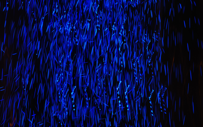 sininen abstrakti sade, musta tausta, siniset viivat tausta, siniset viivat abstraktio, sininen 3d sade