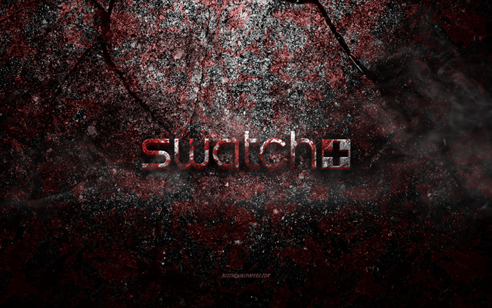 Swatch logo, grunge art, Swatch stone logo, red stone texture, Swatch, grunge stone texture, Swatch emblem, Swatch 3d logo