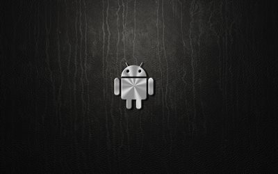 Android, 4k, logo en m&#233;tal, fond gris