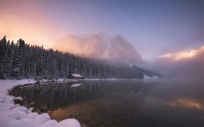 montanha, inverno, lago de montanha, floresta, nevoeiro