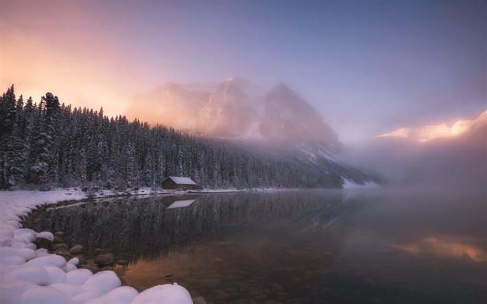 montagne, hiver, lac, for&#234;t, brouillard
