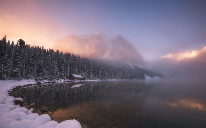 montagna, inverno, lago, foresta, nebbia